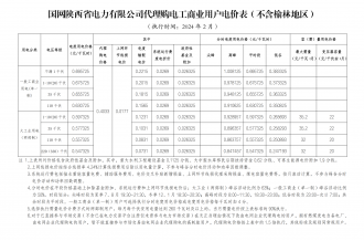 2024年2月份各省工商業(yè)電價（陜西、甘肅、寧夏、青海、新疆）